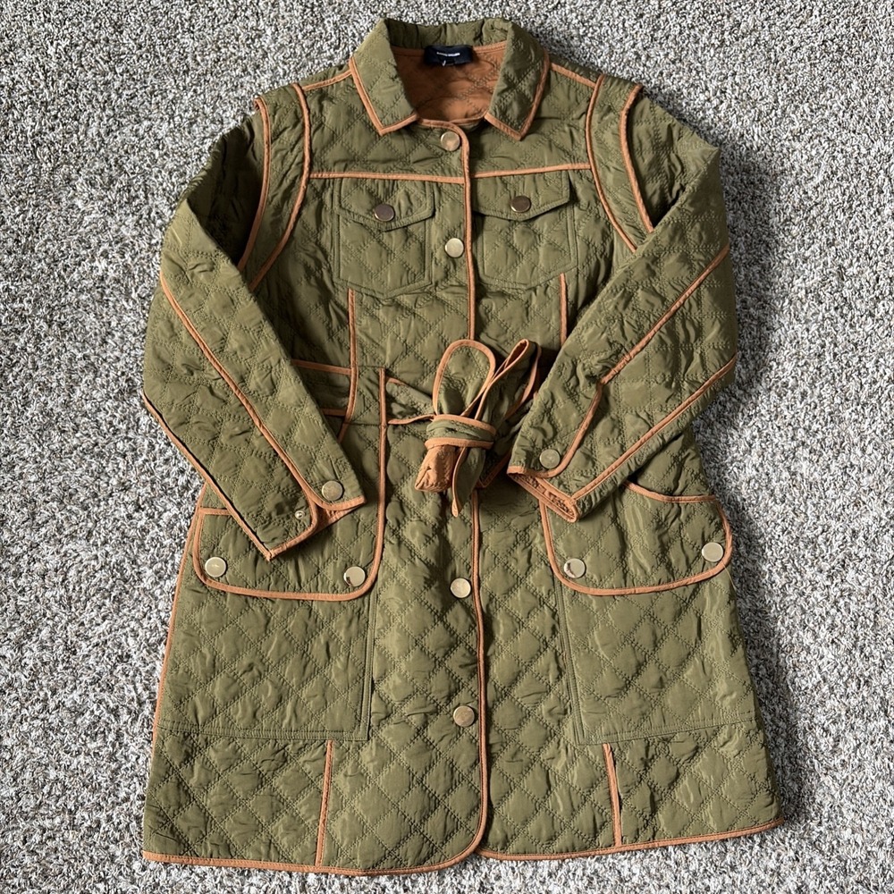 Karen Millen Quilted Pocket Short Belted Coat Size 8 Olive Green Brown